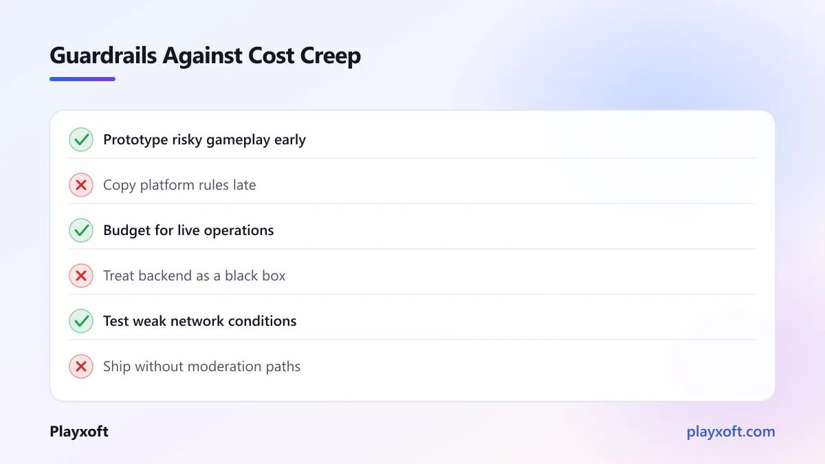 Checklist of planning choices that prevent multiplayer game budget overruns