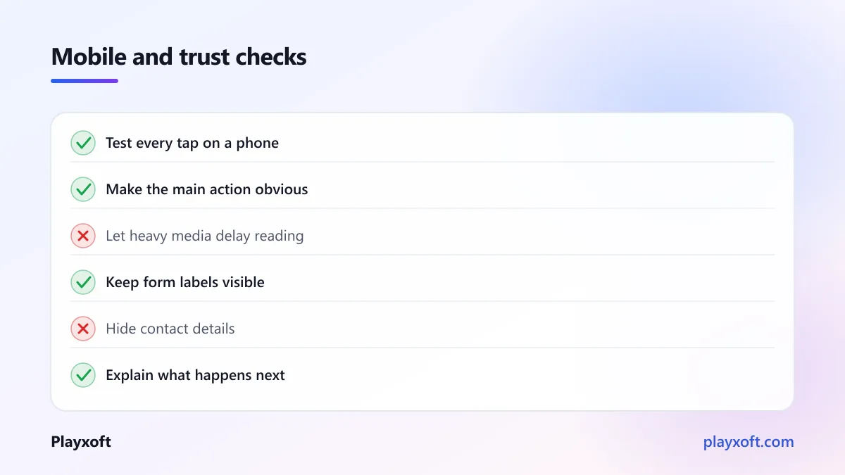 Mobile page checklist covering touch controls speed forms and visible trust
