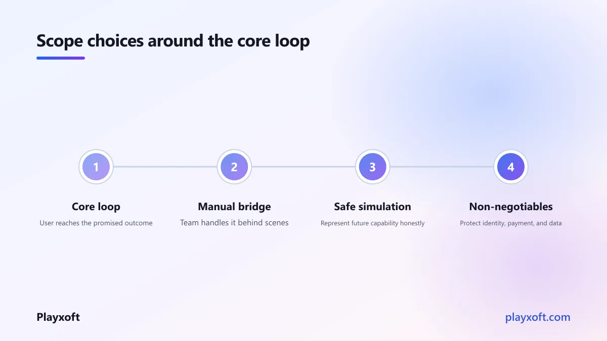 Core loop surrounded by manual, simulated, and protected product decisions