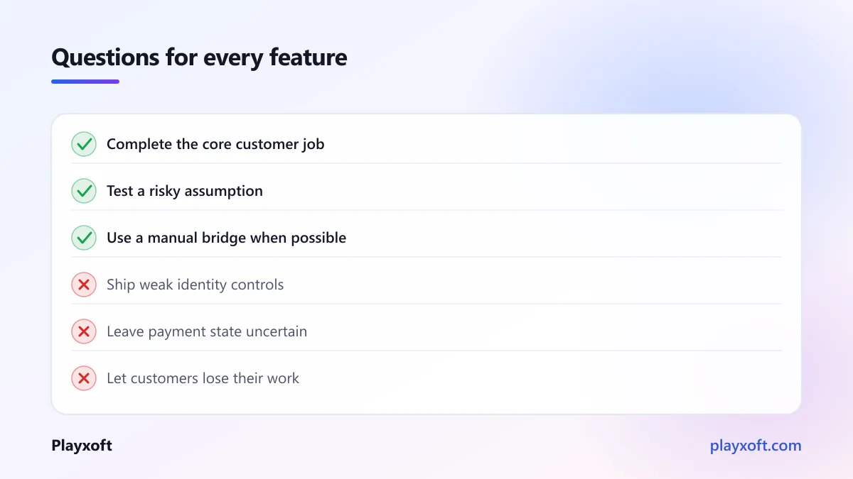 Scoring rubric sorting features into build now, defer, or remove