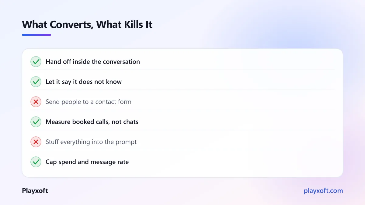 Checklist of chatbot design choices that convert and mistakes to avoid