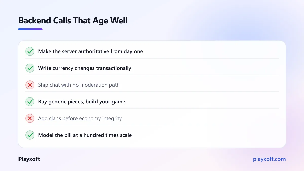 Checklist of multiplayer backend decisions that hold up and ones that do not