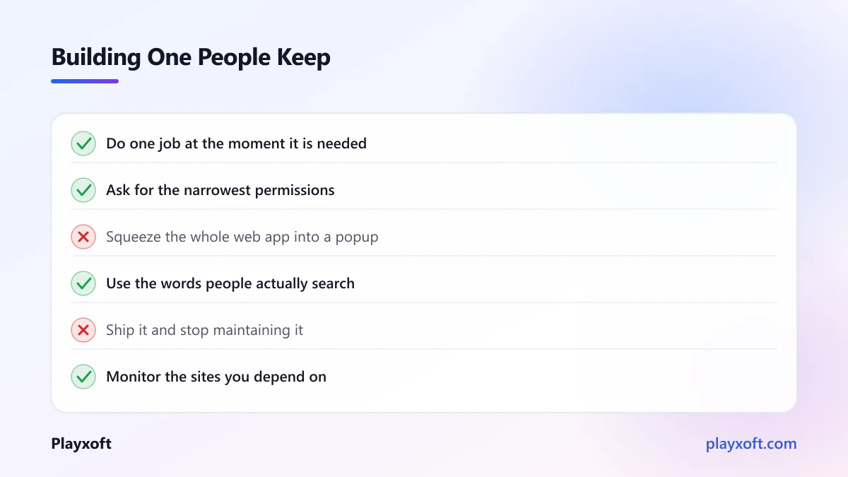 Checklist of extension decisions that drive installs and ones that cost them